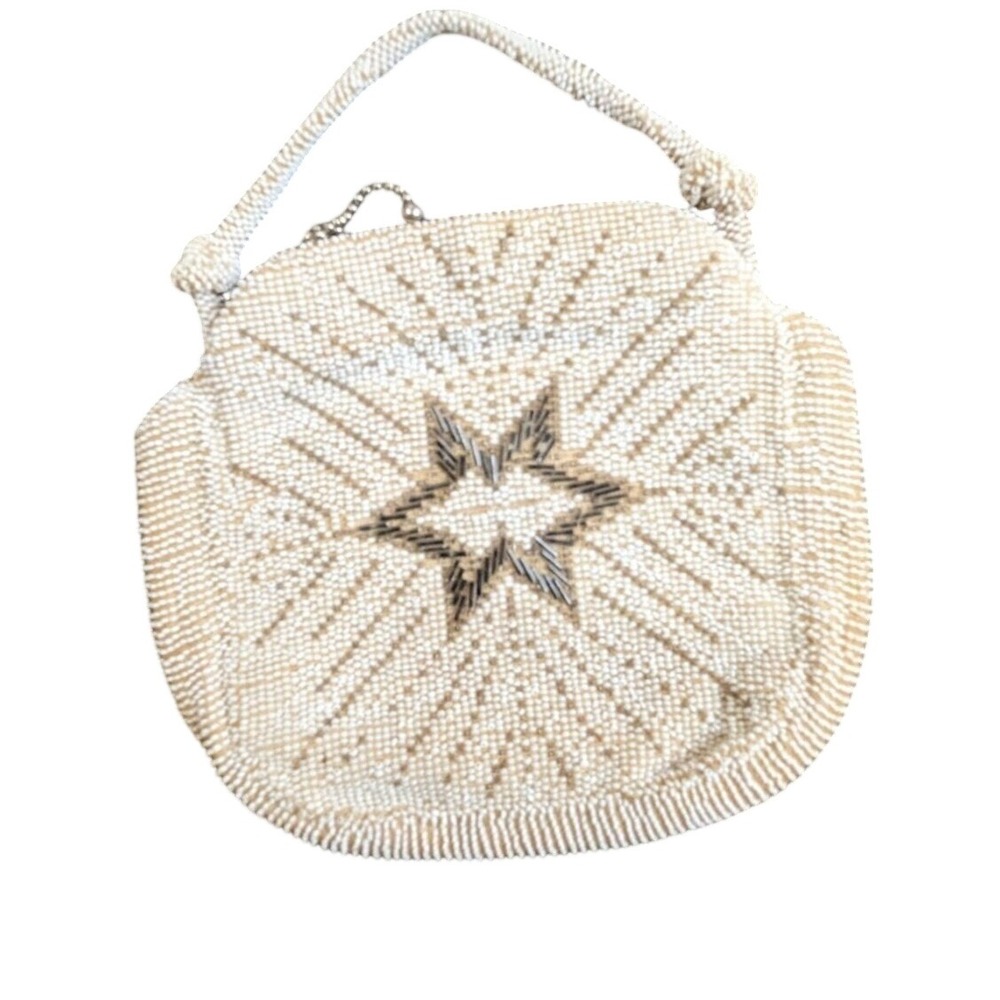 Vintage Beaded Starburst Evening‎ Bag Cream Wristlet Made in Czechoslovakia